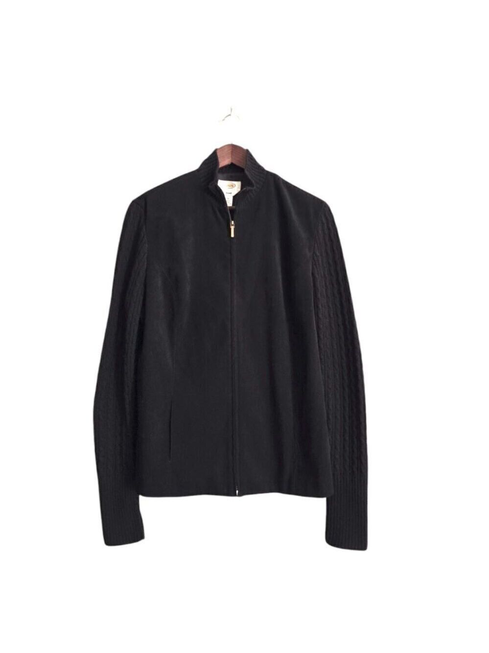 Talbots Black Vintage Faux Suede Knit Wool Blend Sleeve Bomber Jacket Sz 14